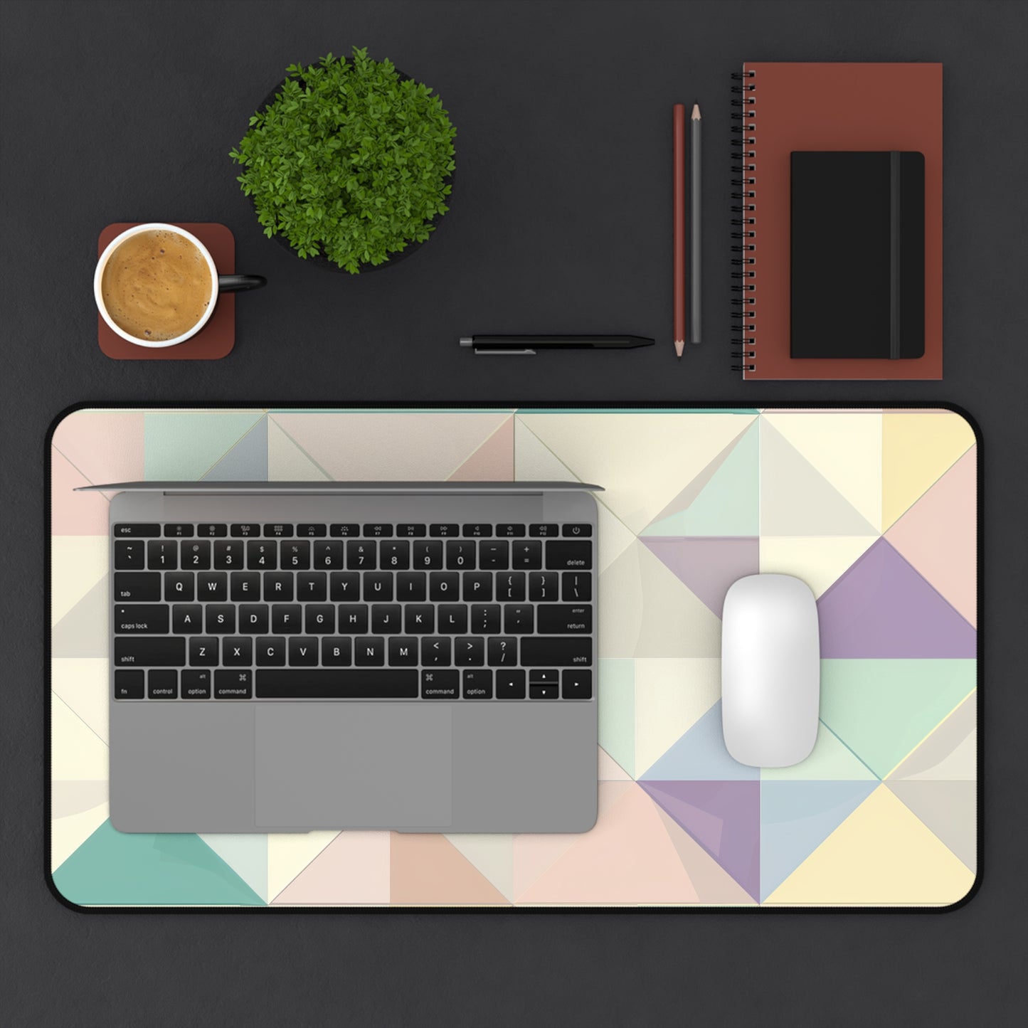 "Upgrade your workspace with Pastel Geo Desk Mat, stylish and protective"