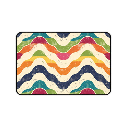 "Add retro flair to your workspace with vibrant waves pattern desk mat"