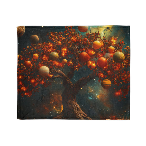 Tree with Planets Growing as Fruit — Plush Fleece Throw Blanket — Draped Over Sofa & Bed Lifestyle View