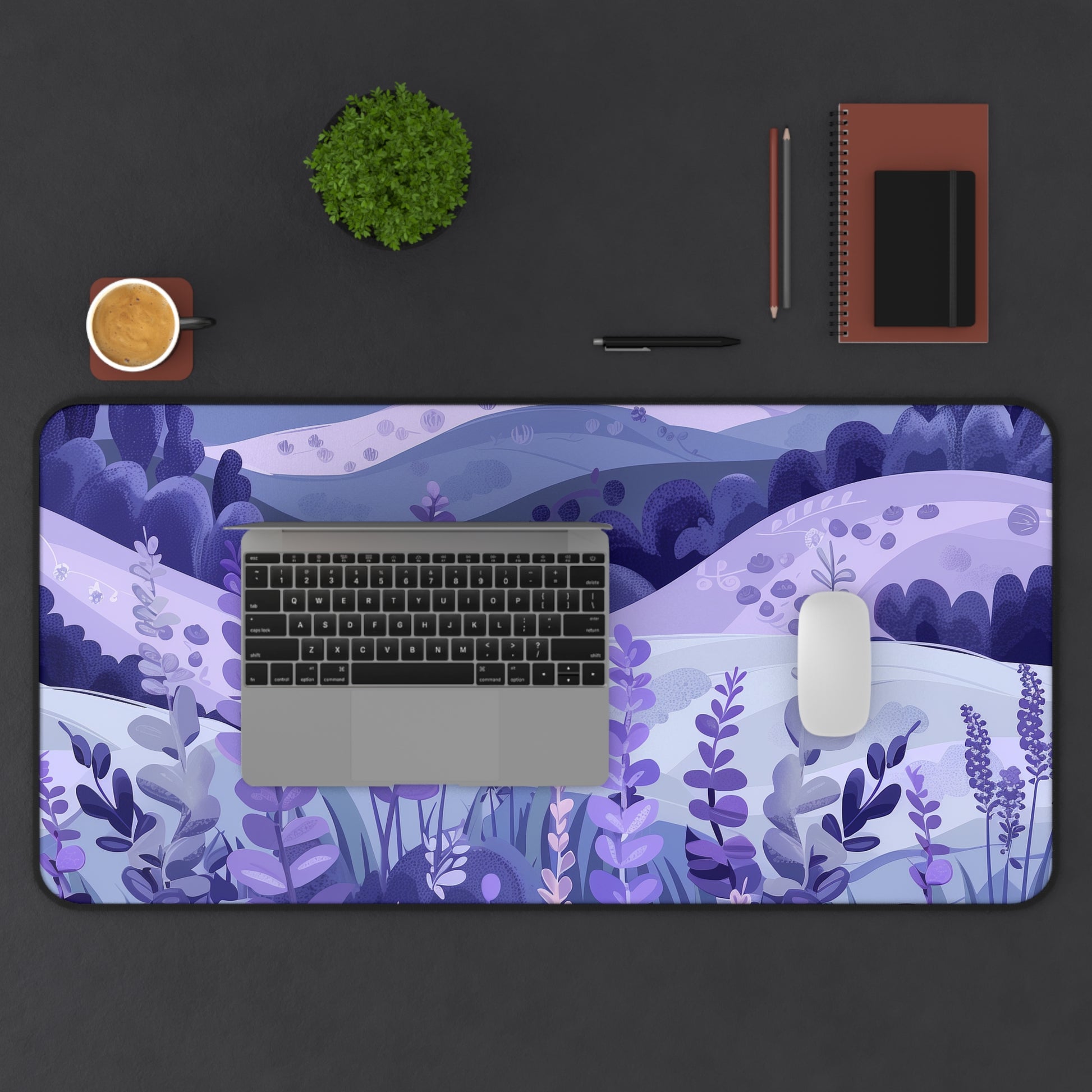 "Seamless Lavender Fields Desk Mat - Tranquil floral pattern desk accessory for a peaceful workspace"