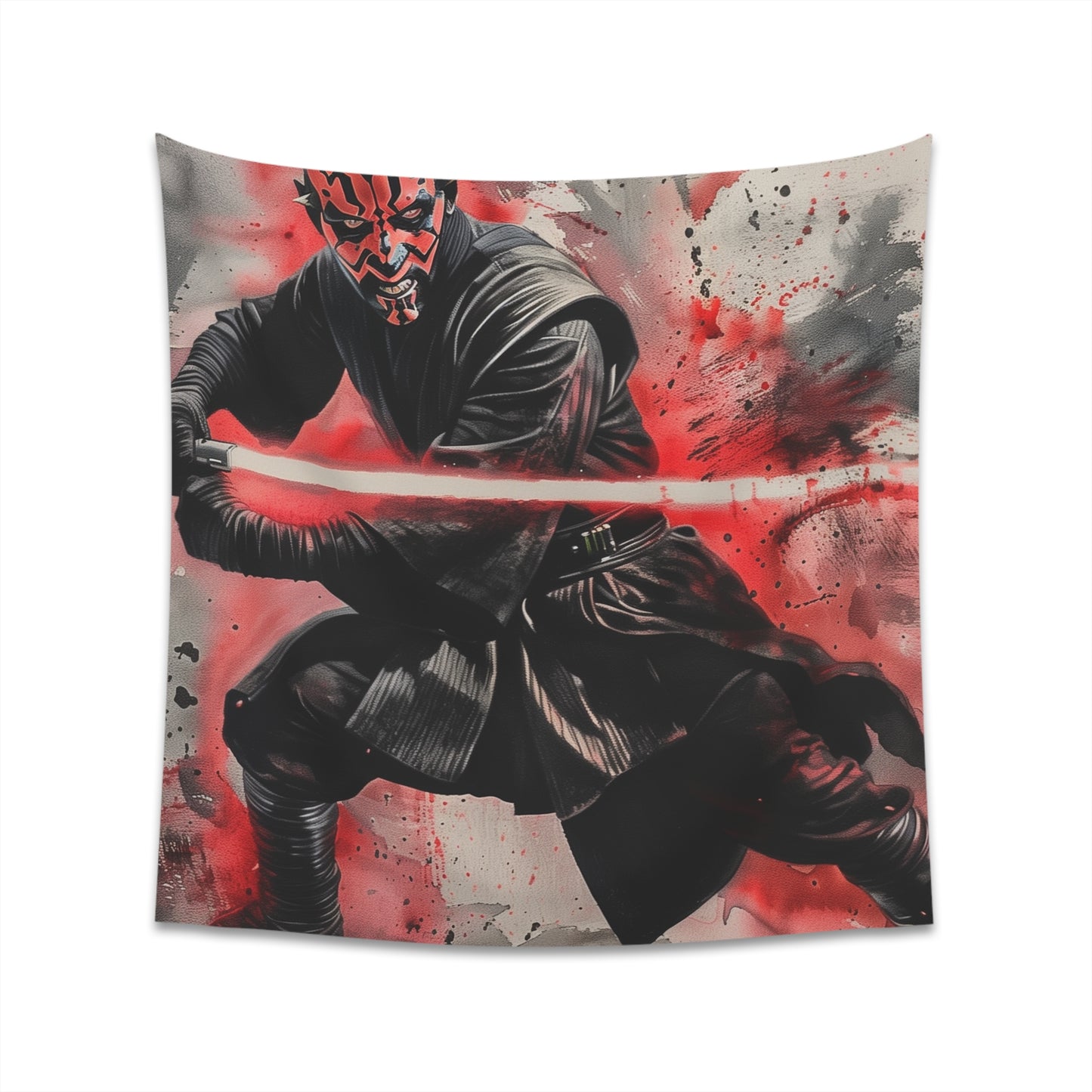 "Darth Maul Fury Unleashed Tapestry - Sith Lord with Double-Bladed Lightsaber - High-Quality Material - Perfect Star Wars Gift - Available in 34" x 40" and 57" x 57" Sizes"