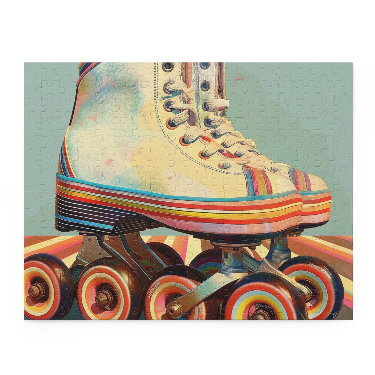 "Colorful retro roller skates jigsaw puzzle, perfect for puzzle enthusiasts and fans of nostalgic design"