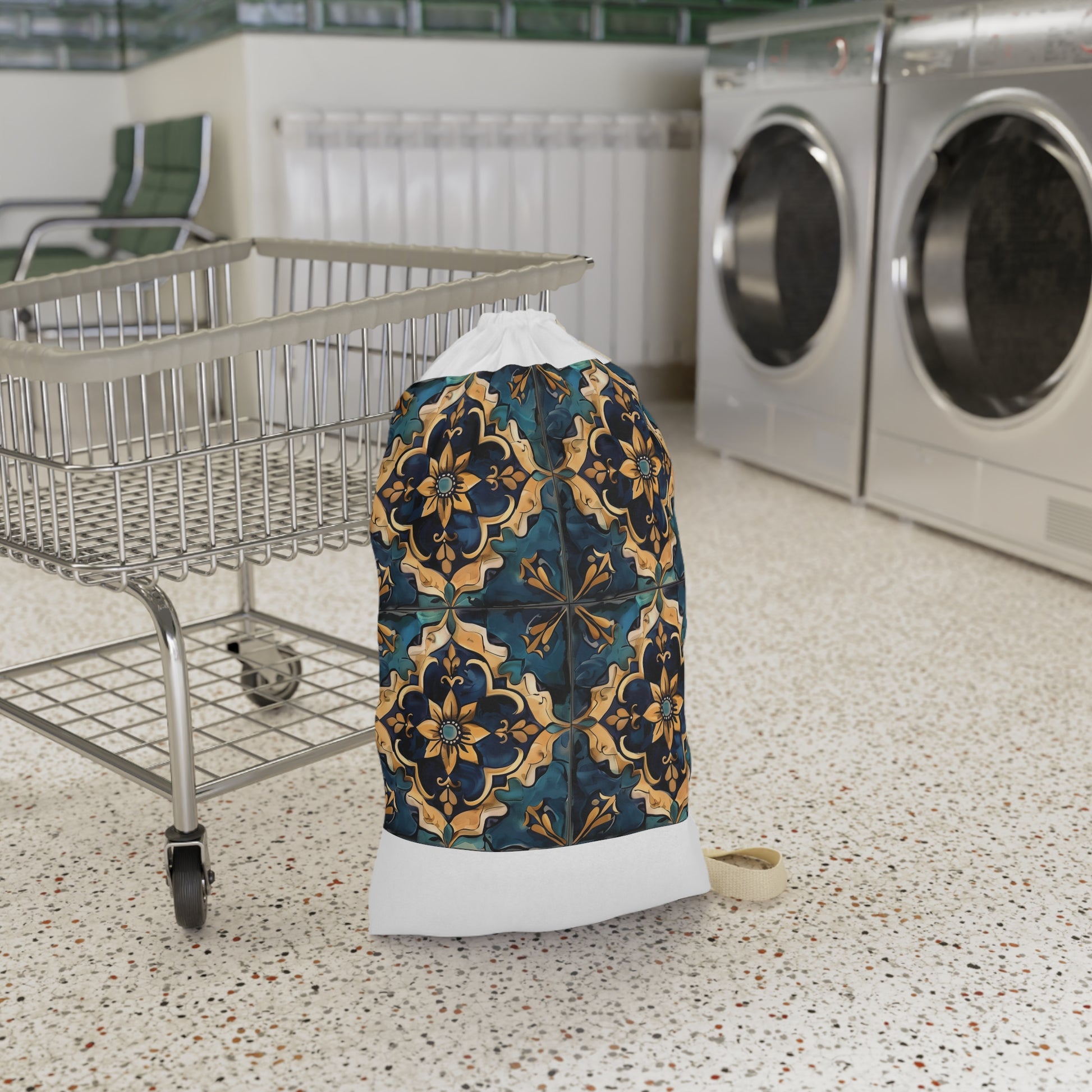 Stunning Artisan Tiles seamless pattern laundry bag for stylish and functional laundry organization.