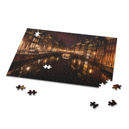 Amsterdam Canals Night Puzzle - Charming cityscape jigsaw with iconic canals at night