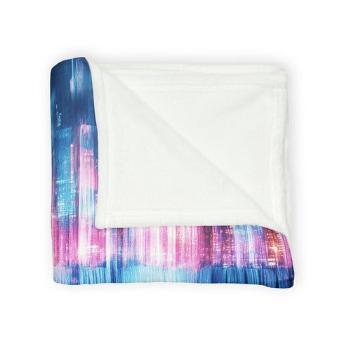 Digital Waterfall Cascading Across Skyline — Plush Fleece Throw Blanket — Product Detail View 5