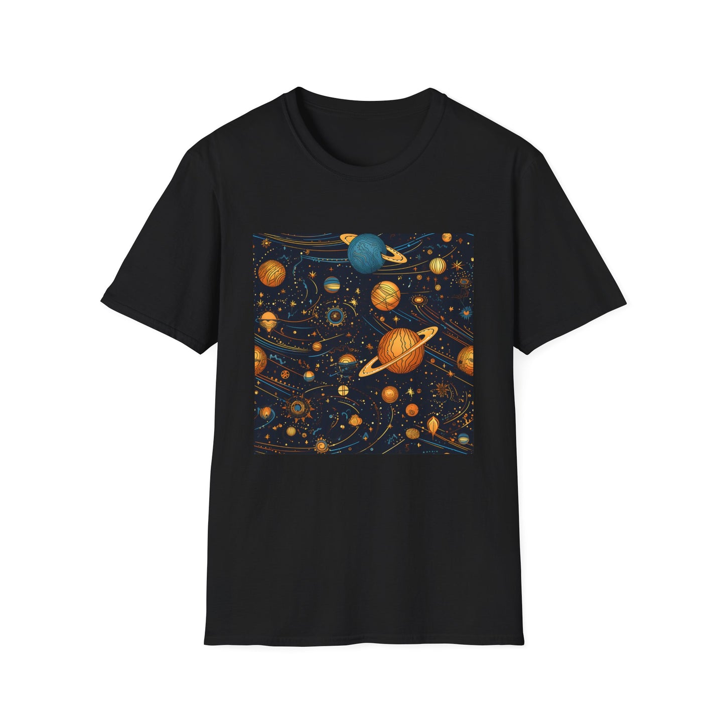 Celestial Tapestry of Wonder | T-Shirt | Celestial, Cosmos, Galaxy, Moons, Night Sky, Pattern, Repeating, Space, Stars, Whimsical | Prints with Passion