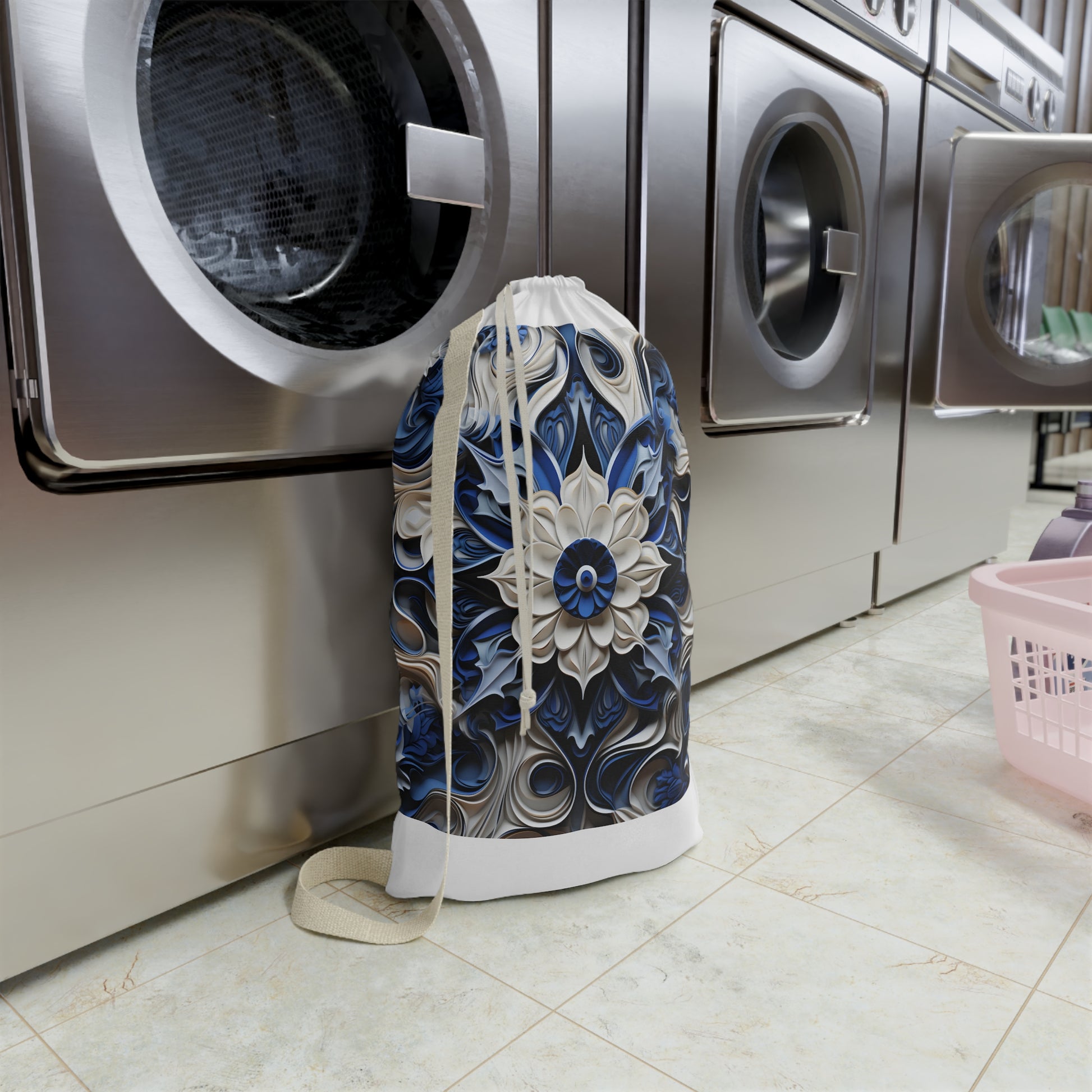 "Blue porcelain texture laundry bag, stylish and soothing addition to any living space"