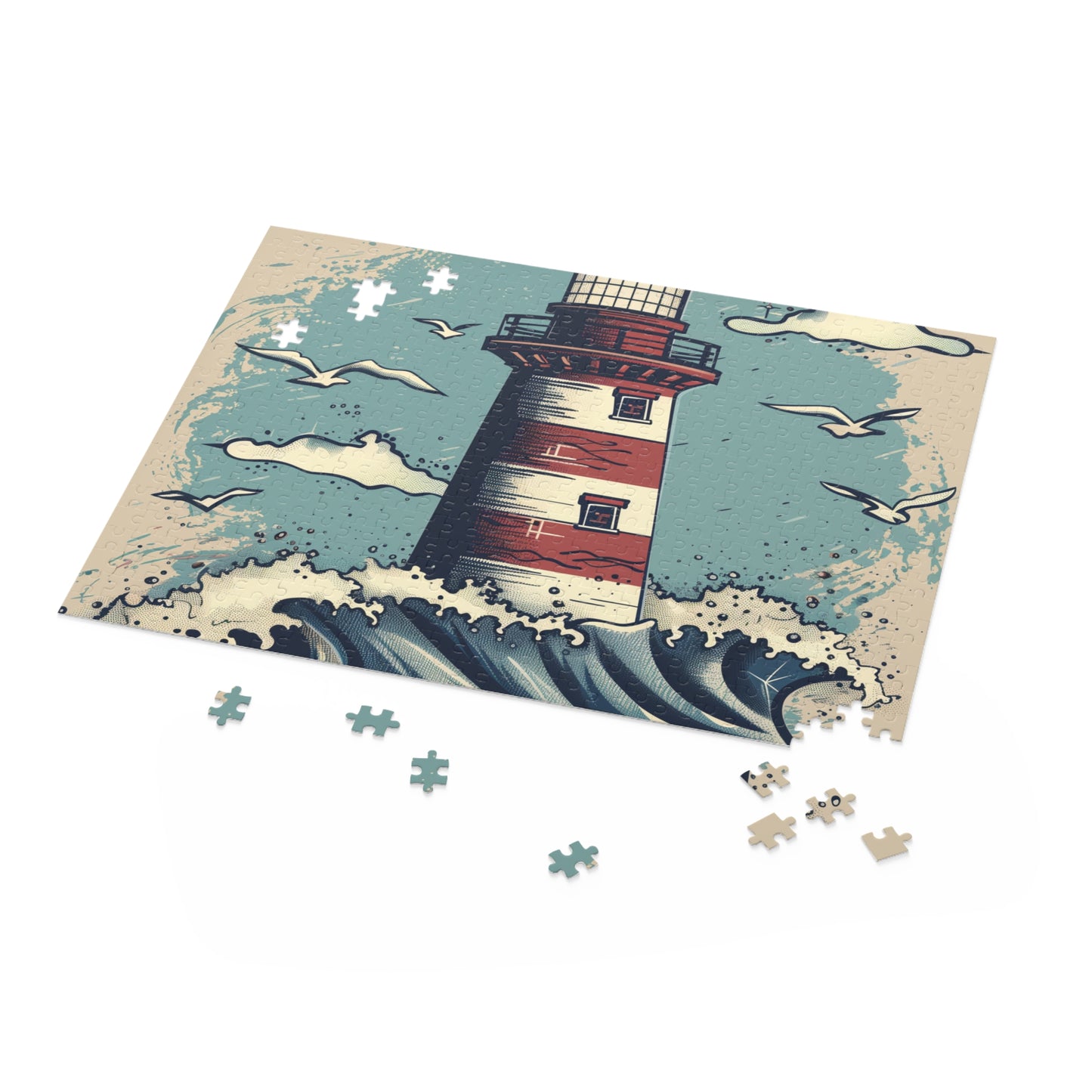 "Hand-drawn Lighthouse Waves Jigsaw Puzzle for Relaxing and Unwinding"