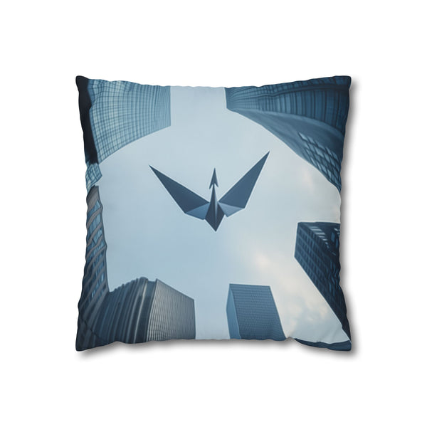 Paper Crane Soaring Above Skyscrapers — 40×40 Cushion Cover — Front 40×40 cm Square Cushion View