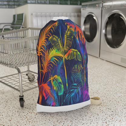 "Vibrant tropical neon leaf laundry bag, perfect for organizing laundry in style"