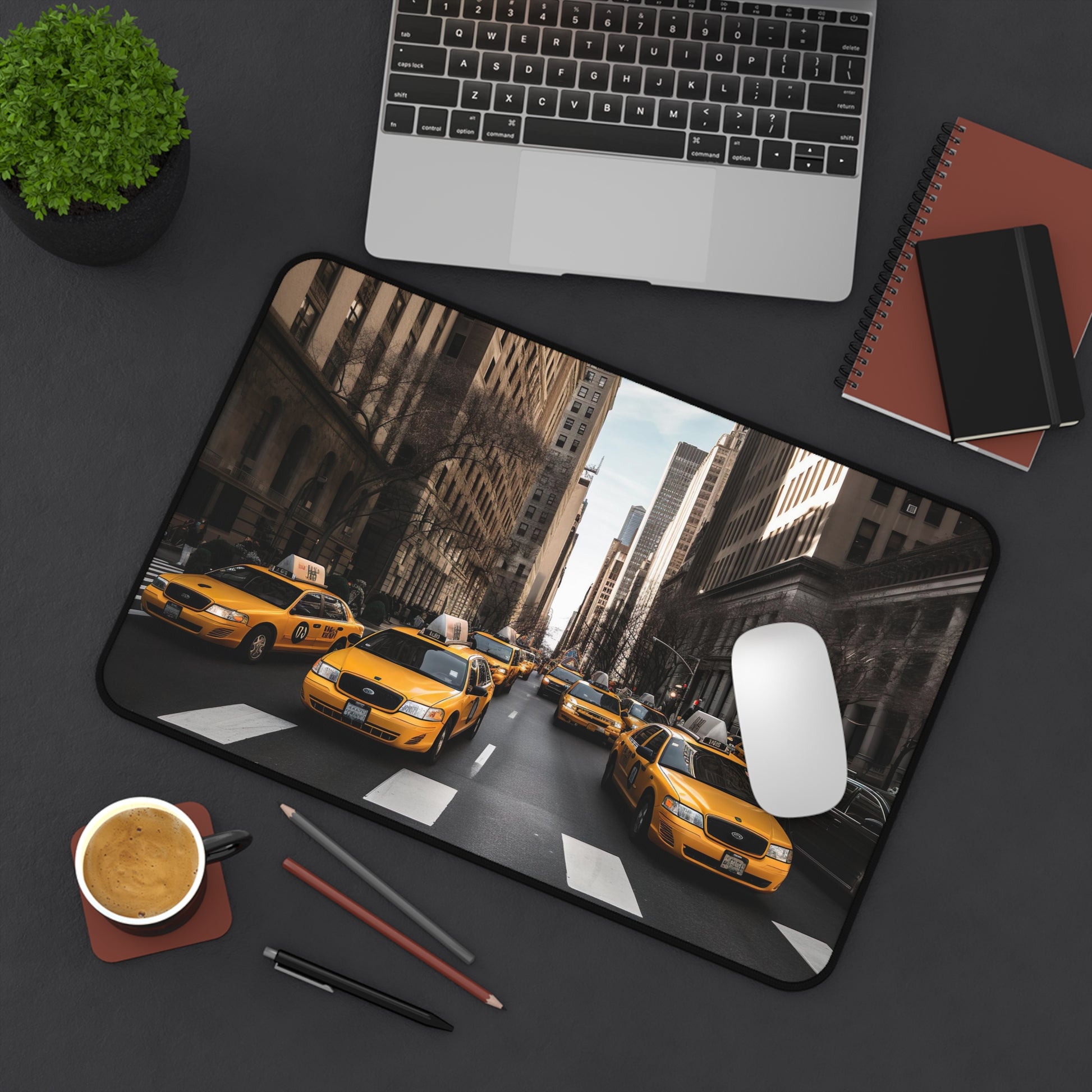 "Vibrant NYC Taxi Desk Mat - Add NYC charm to your workspace with iconic yellow cabs on bustling streets"