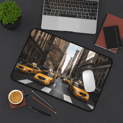 "Vibrant NYC Taxi Desk Mat - Add NYC charm to your workspace with iconic yellow cabs on bustling streets"