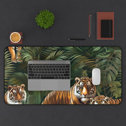 "Jungle Safari Tiger Desk Mat - Transform workspace with wild adventure, seamless jungle design with majestic tigers, stay inspired and organized"