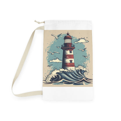 "Seaside-inspired lighthouse and wave laundry bag for stylish storage"