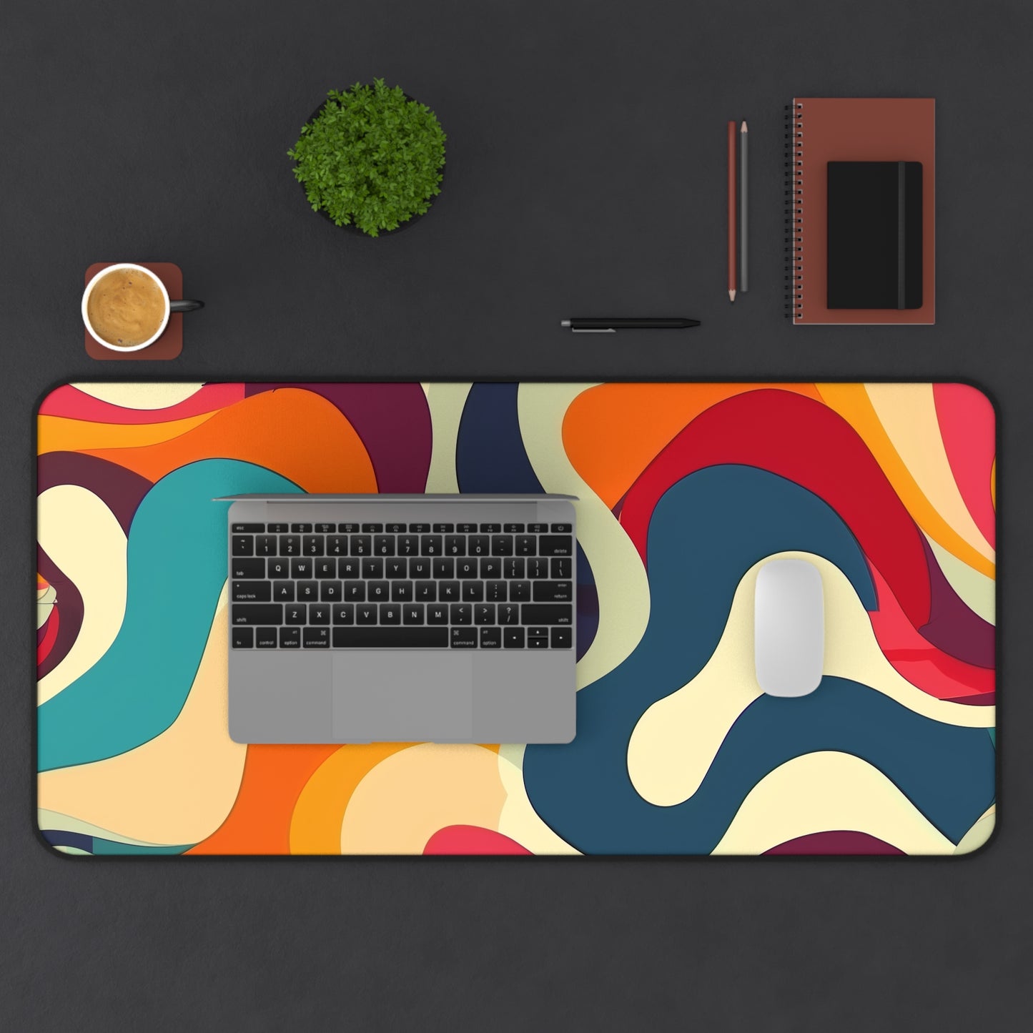 "Colorful Retro Waves Desk Mat for Workspace Protection and Style"