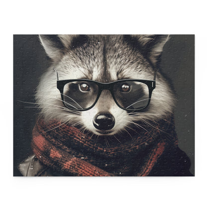 Whimsical raccoon wearing glasses jigsaw puzzle for trendy hipster fans