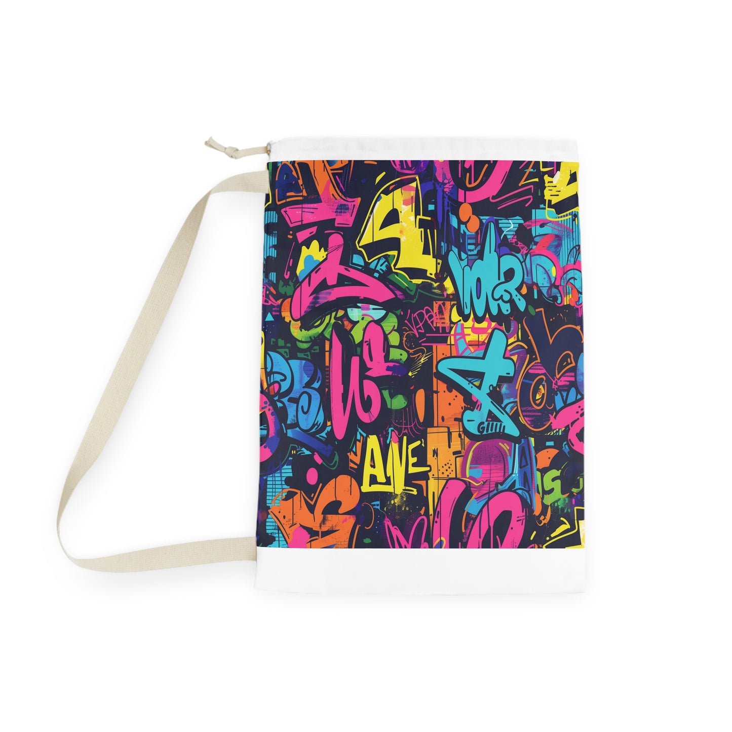 "Neon Graffiti Laundry Bag with vibrant urban design, perfect for carrying laundry in style"