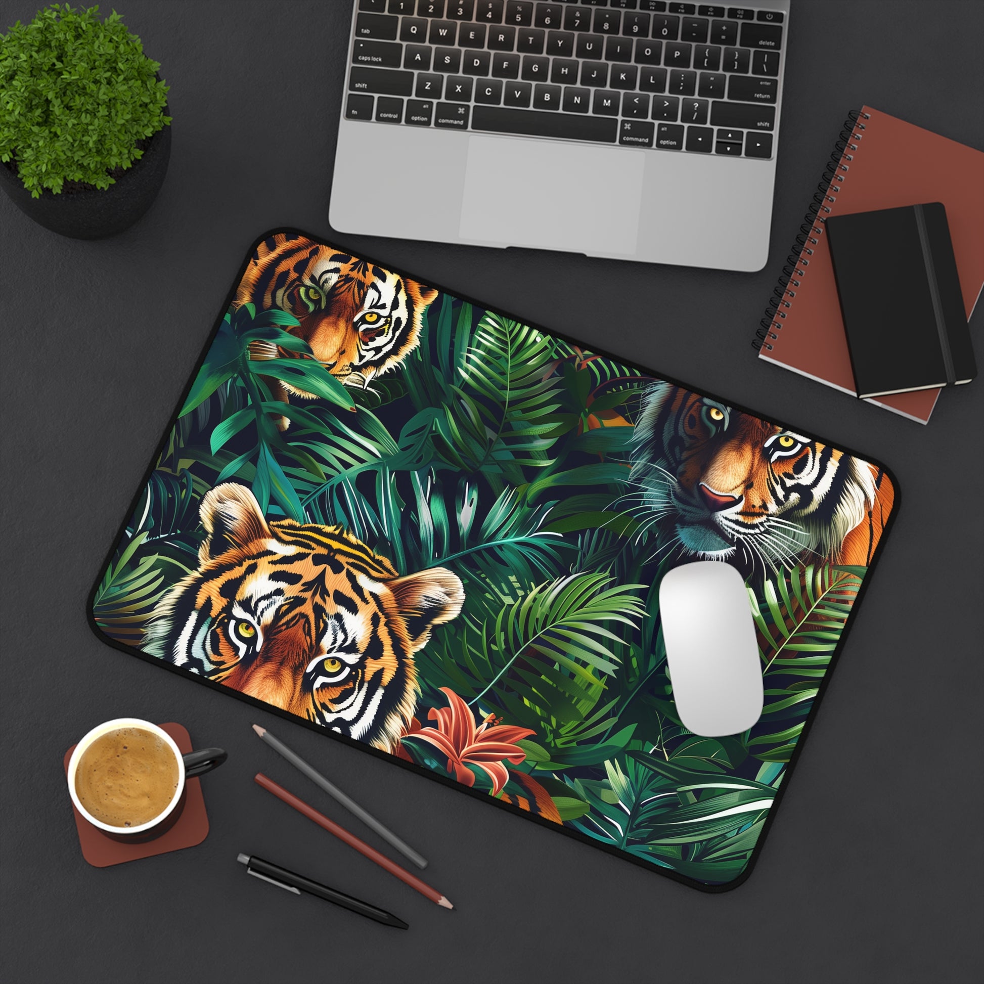 "Transform your workspace with Tiger Jungle Desk Mat featuring majestic tigers in lush green foliage"