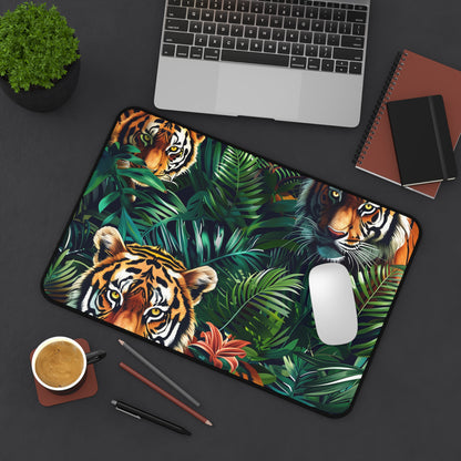 "Transform your workspace with Tiger Jungle Desk Mat featuring majestic tigers in lush green foliage"