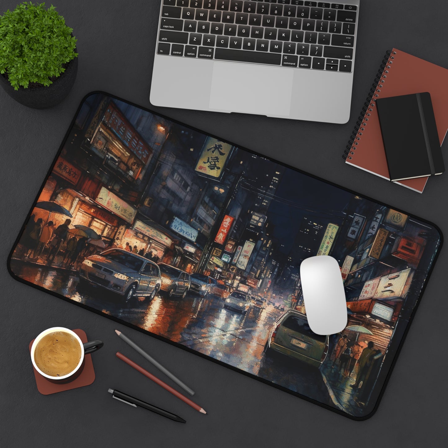 "Tokyo Night Skyline Desk Mat - Experience vibrant cityscape with neon lights, ideal for work or study"