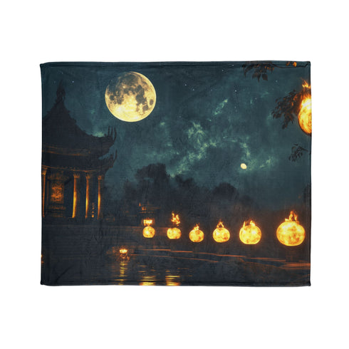 Moonlight Temple with Levitating Torches — Plush Fleece Throw Blanket — Draped Over Sofa & Bed Lifestyle View