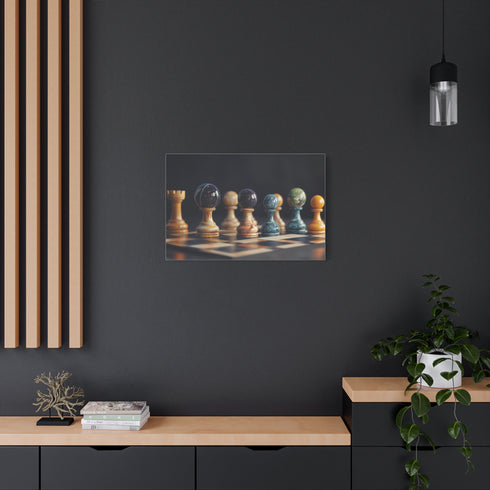 Chessboard with Cosmic Planets As Pieces Stretched Canvas Wall Art