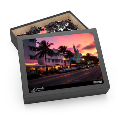 "Vibrant Miami skyline sunset jigsaw puzzle - perfect for cozy evenings in"