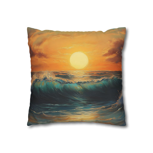 Golden Sunset Through Rolling Ocean Wave — 40×40 Cushion Cover — Double-Sided Back & Concealed Zip Detail