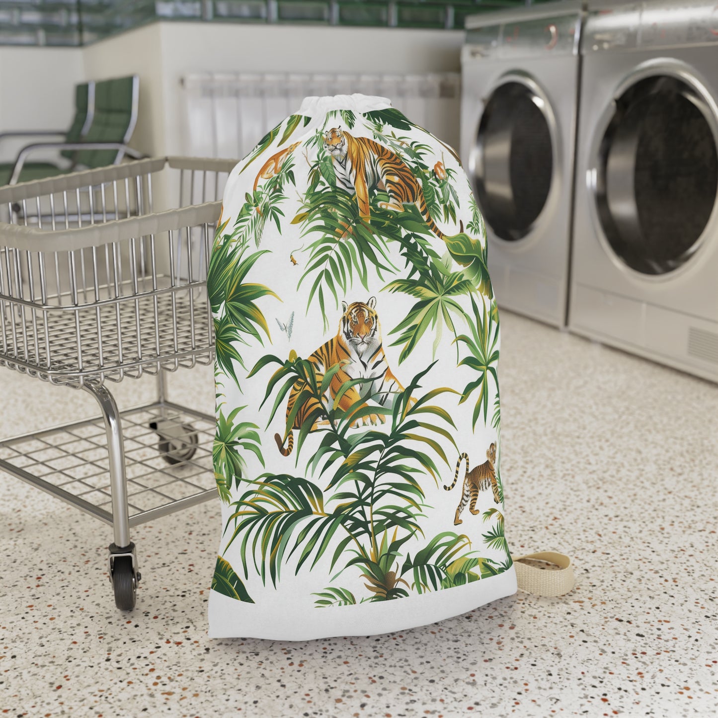 "Jungle Safari Tiger Print Laundry Bag - Majestic tigers in lush foliage design"