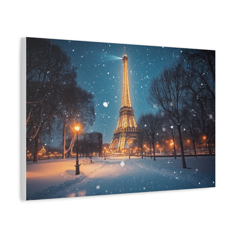 Paris Snowy Evening Streetlight Glow Stretched Canvas Wall Art - View 3 | Prints With Passion