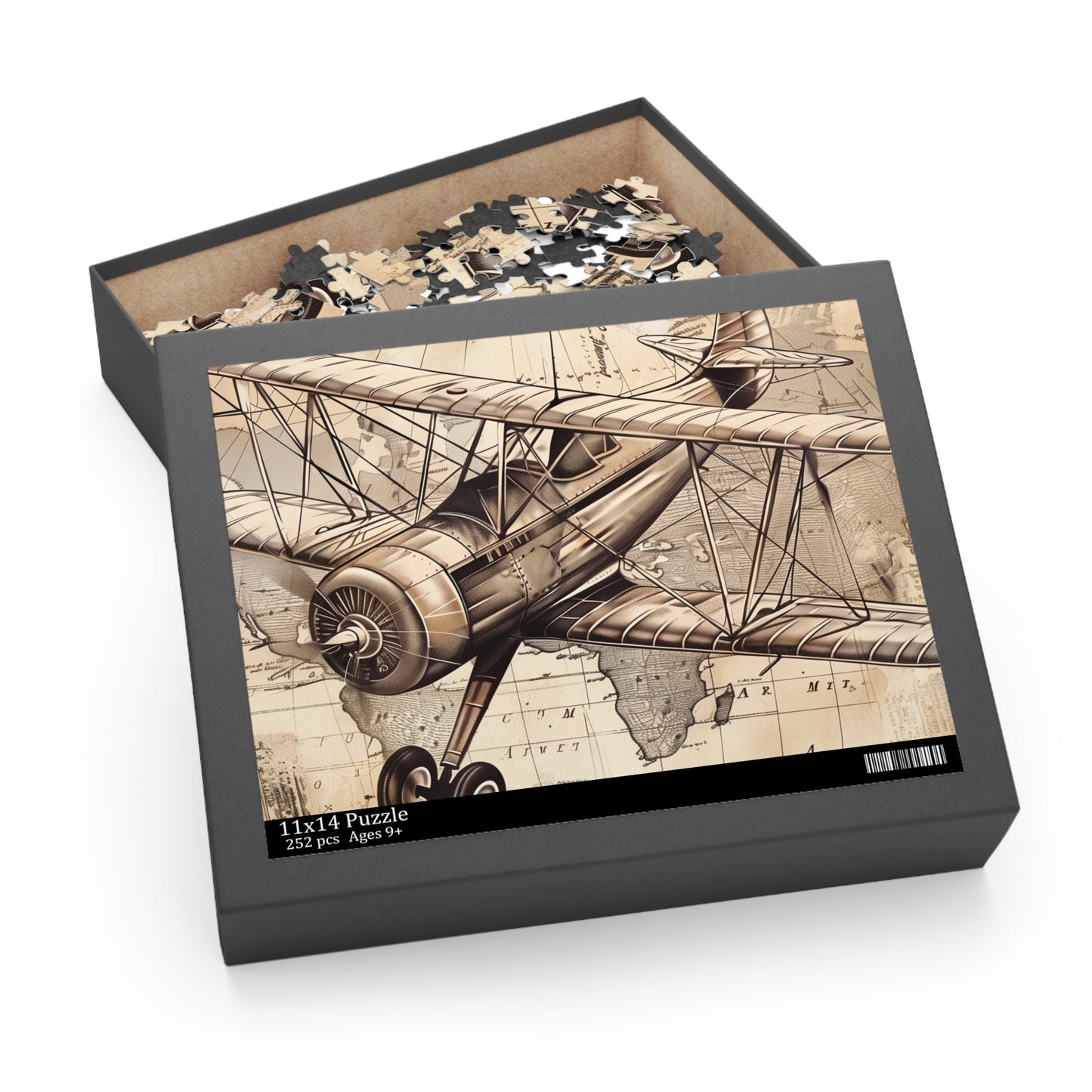 Vintage Airplane Travel Stamp Puzzle - Colorful world travel stamps on jigsaw puzzle for aviation enthusiasts.