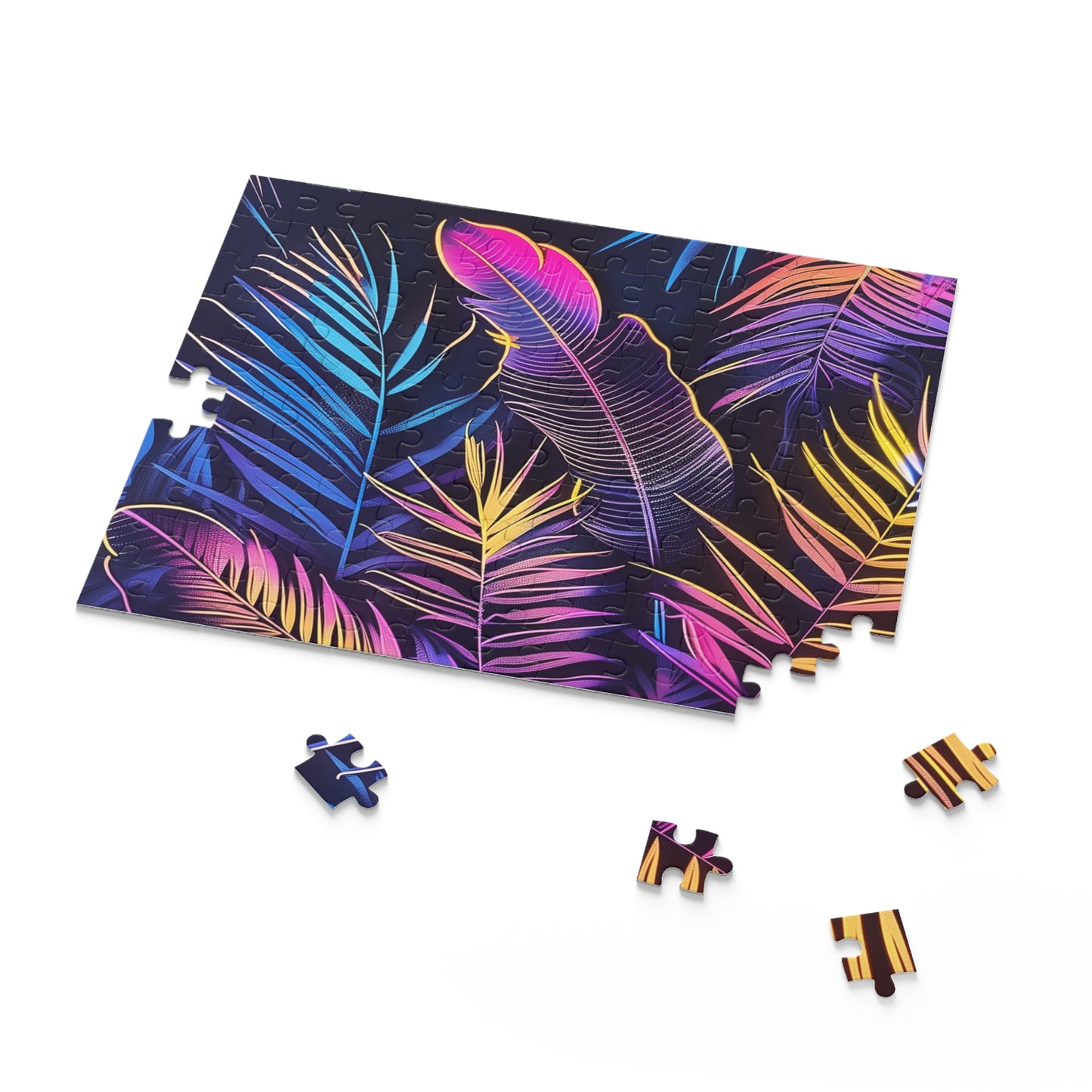 Neon Tropical Paradise Jigsaw Puzzle - Vibrant jungle oasis with neon tropical leaves and palm trees. Relaxing escape.