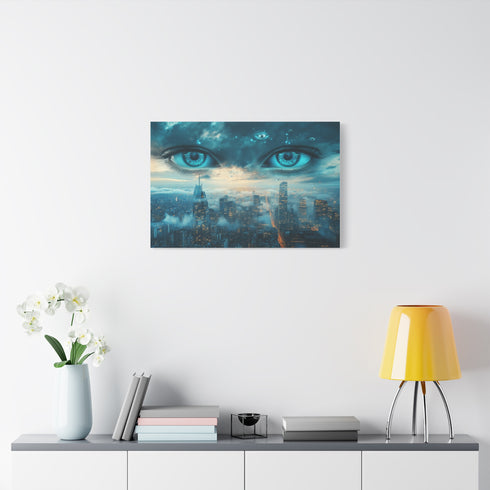 Floating Eyes Watching City from Sky Stretched Canvas Wall Art