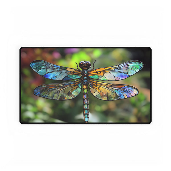 Dragonfly with Stained Glass Wings — XL & XXL Desk Mat — Gaming & Workspace Desk Setup View