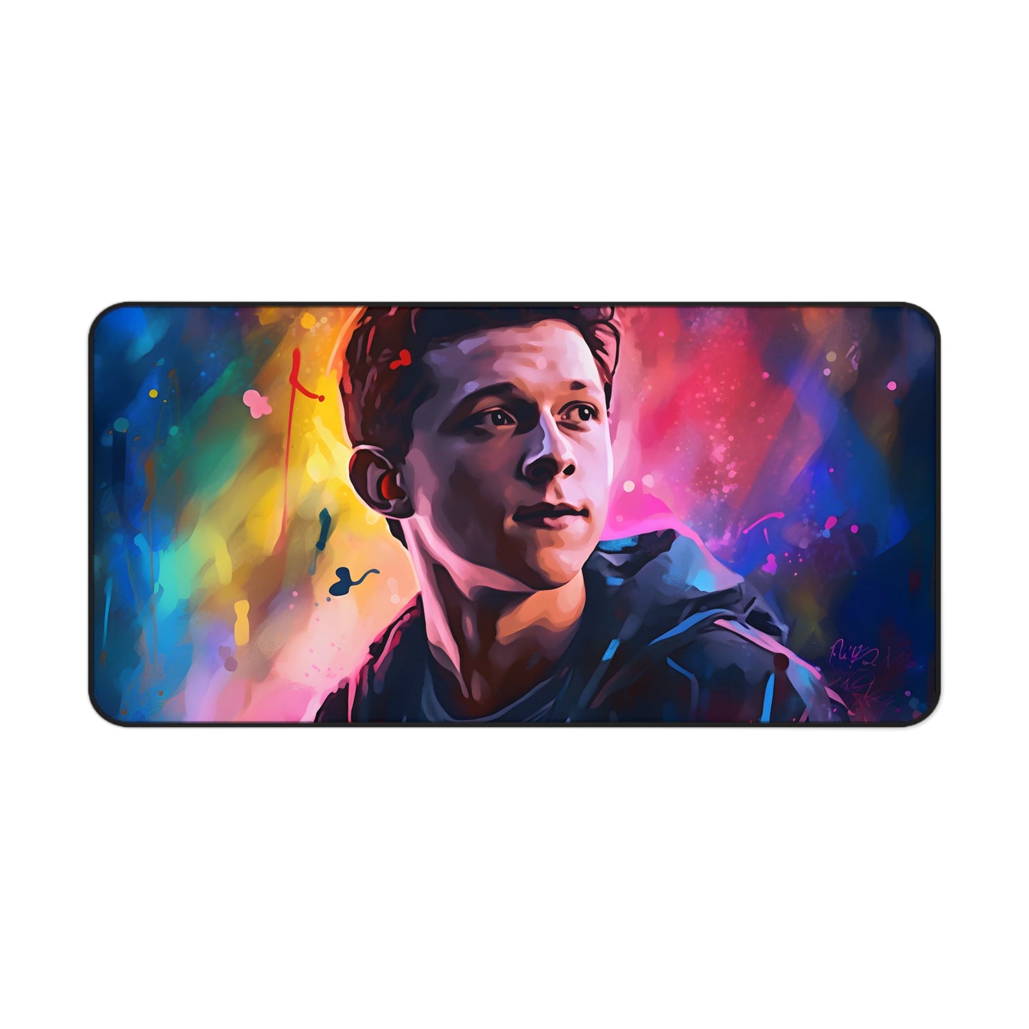 "Tom Holland watercolor neon desk mat, vibrant and durable workspace protector with pop of color"