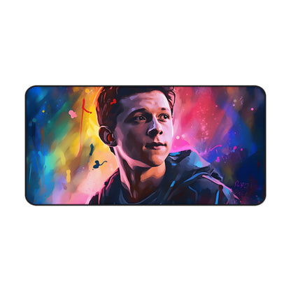 "Tom Holland watercolor neon desk mat, vibrant and durable workspace protector with pop of color"