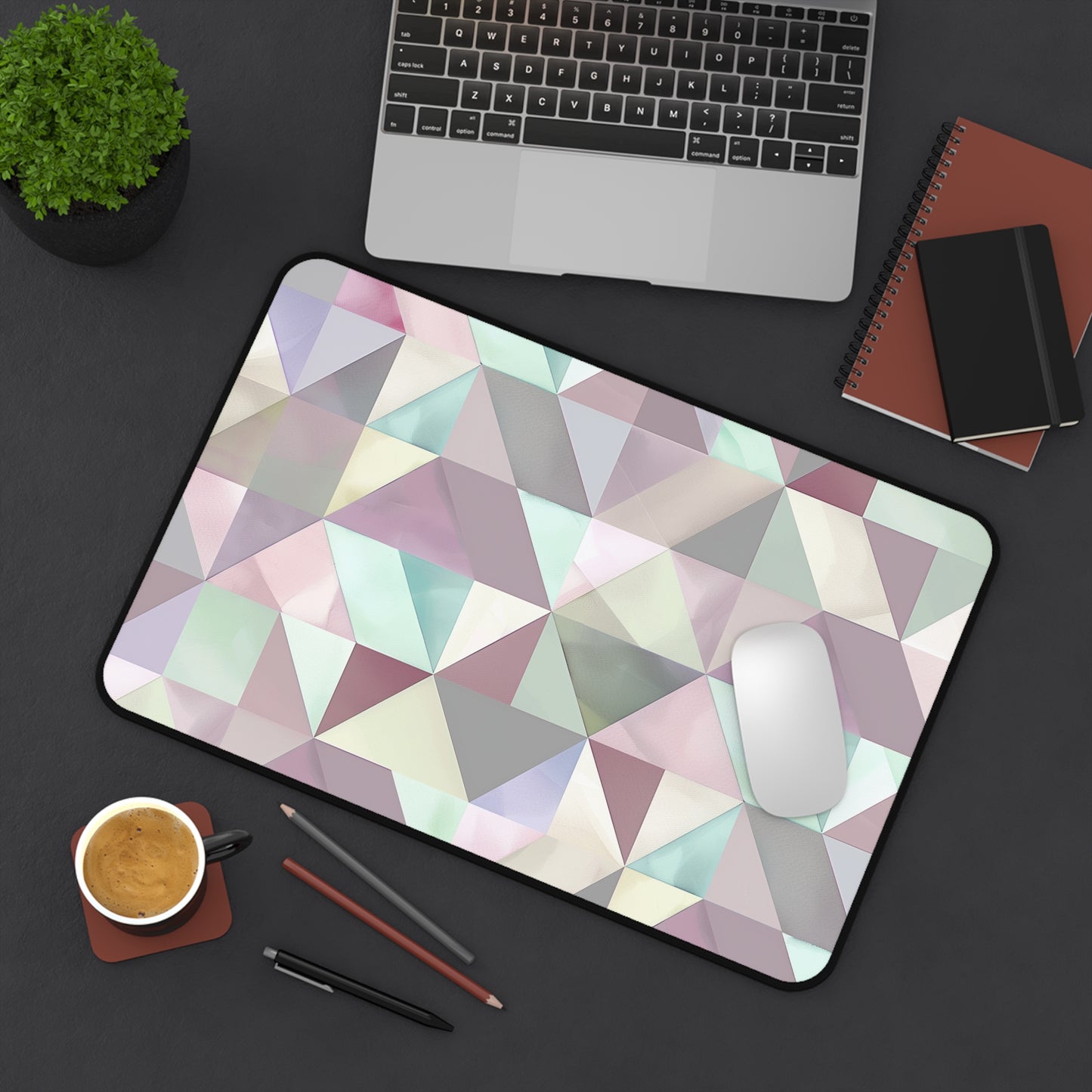 "Pastel Geometrics Desk Mat - Stylish protection for your workspace with soft pastel colors and seamless geometric pattern"