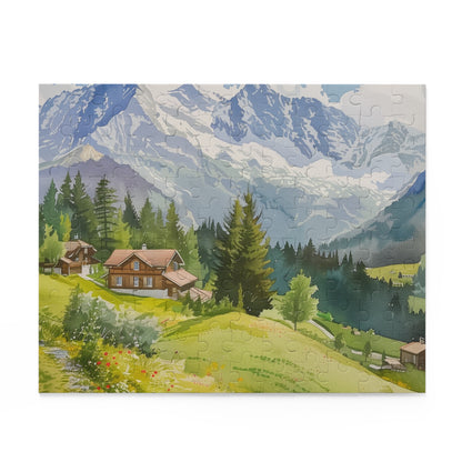 Swiss Alps Watercolor Puzzle - Vibrant hues and intricate details for a mountain paradise experience.