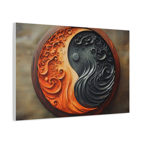 Stylized Yin Yang Made of Waves and Fire Stretched Canvas Wall Art