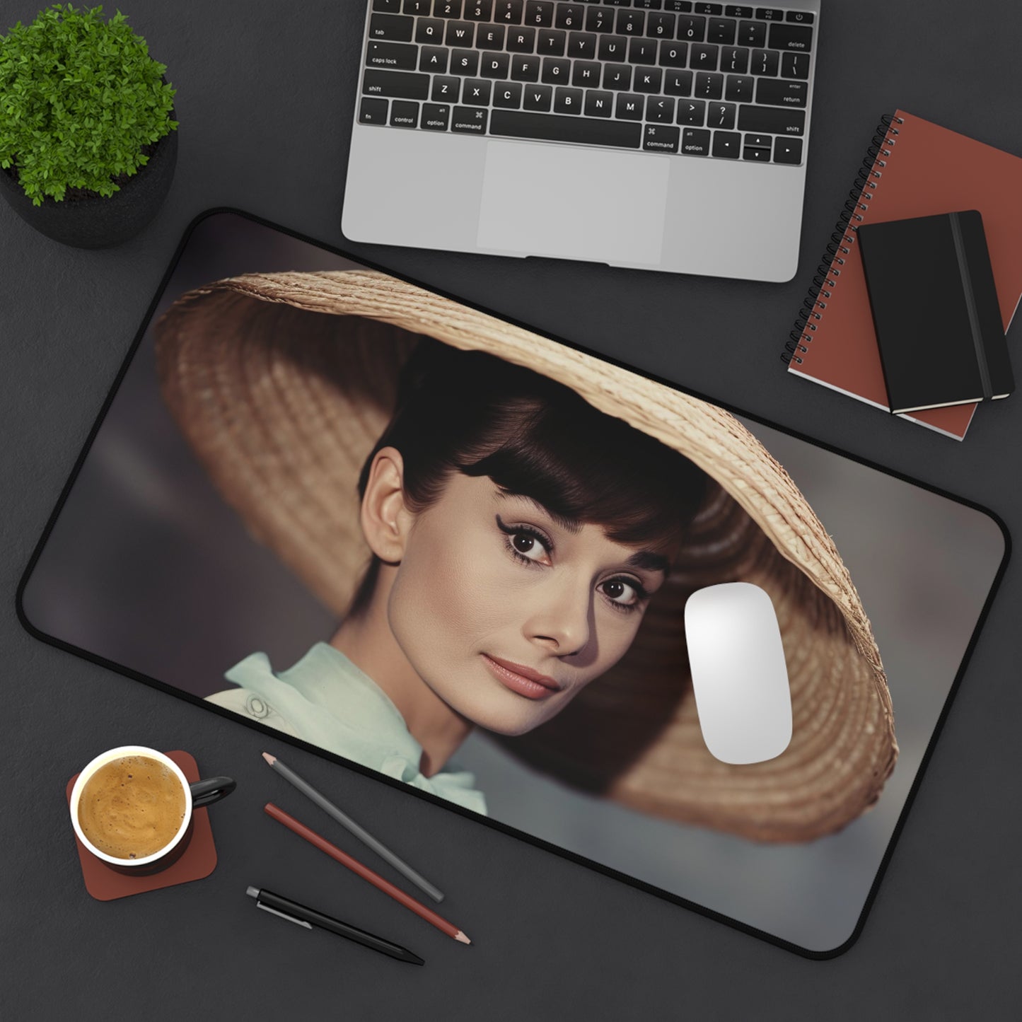 Vintage Audrey Hepburn desk mat for elegant workspace décor. Ideal for chic office style.