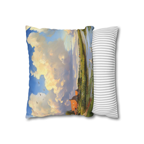 Dutch Windmills & Tulip Fields Canal — 40×40 Cushion Cover — Soft Brushed Fabric Texture Close-Up