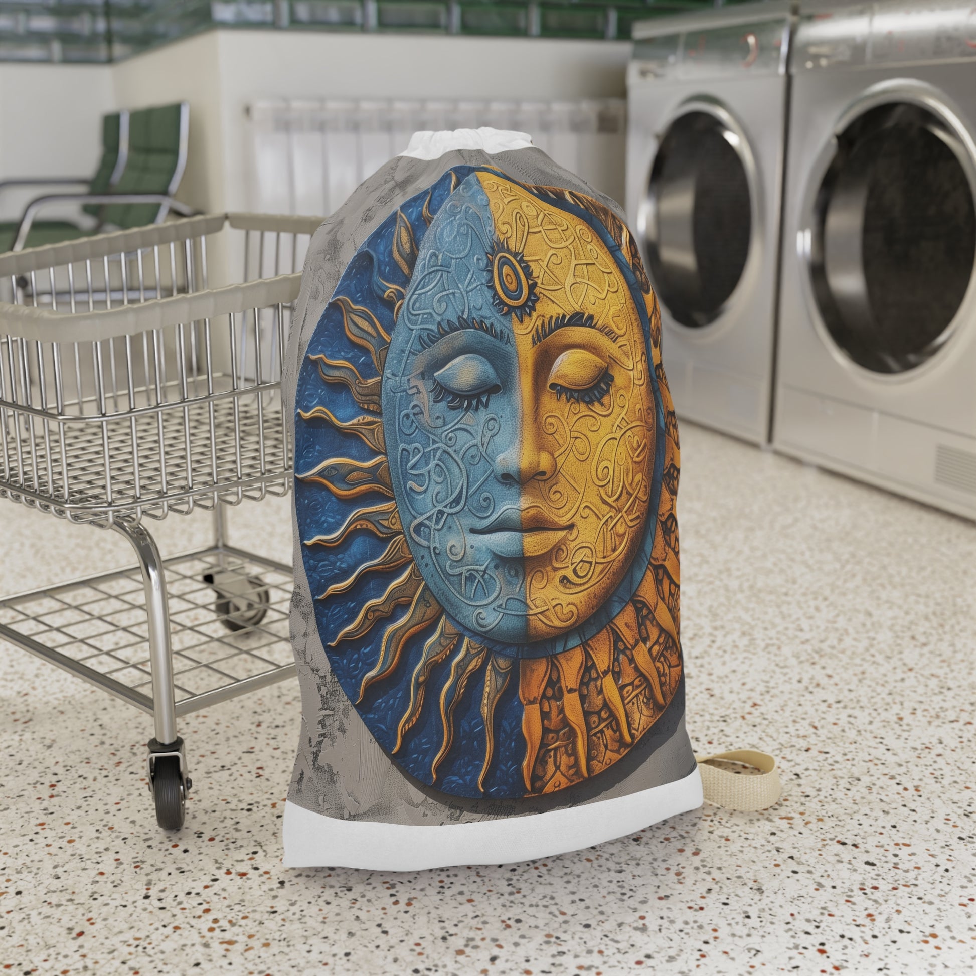 "Vibrant Mandala Sun & Moon Laundry Bag with celestial design for stylish laundry routine"