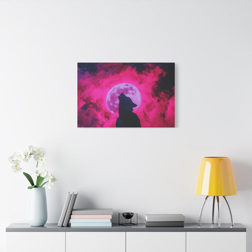 Silhouette of a Wolf Howling at a Neon Moon — Canvas Wall Art — Product Detail View 7