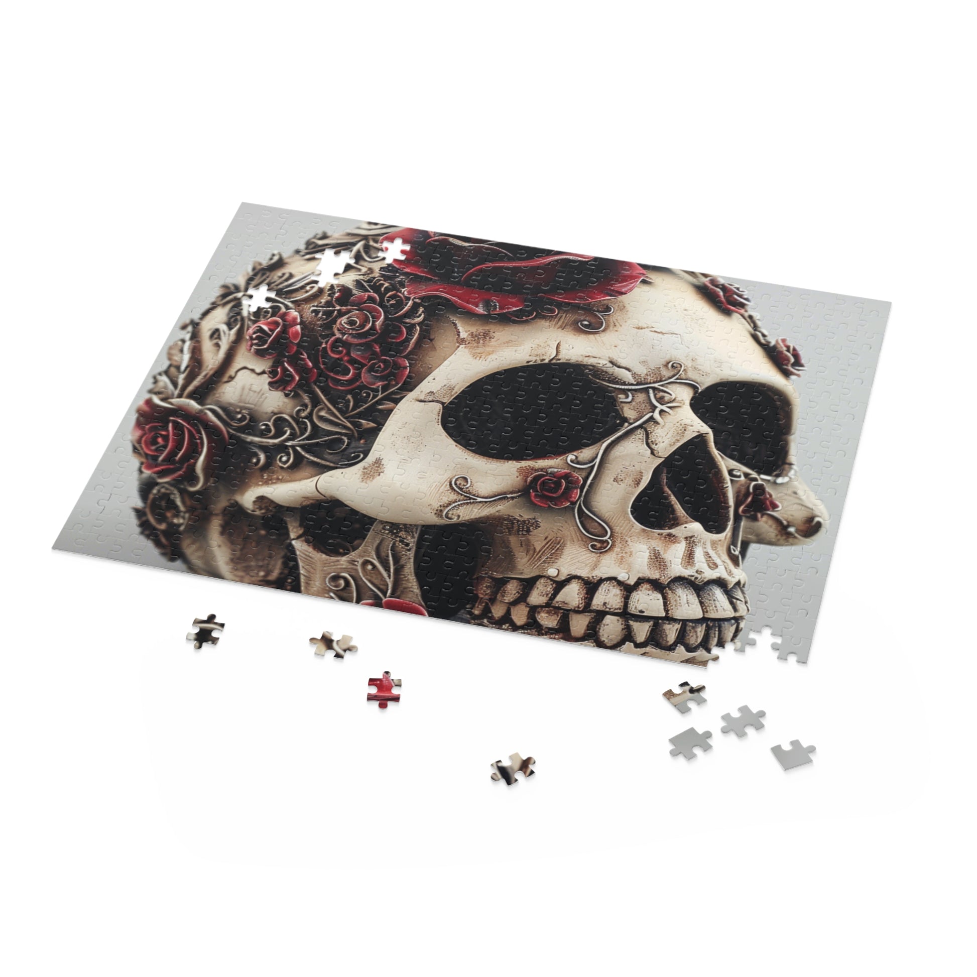 "Beautiful Gothic Rose Skull Jigsaw Puzzle - Detailed and Challenging Artwork for Entertaining Fun"