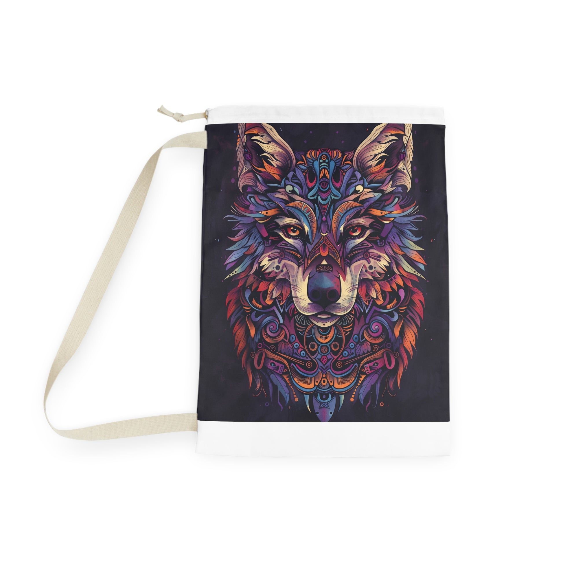 "Animal totem laundry bag featuring tribal design, durable material for stylish laundry rooms"