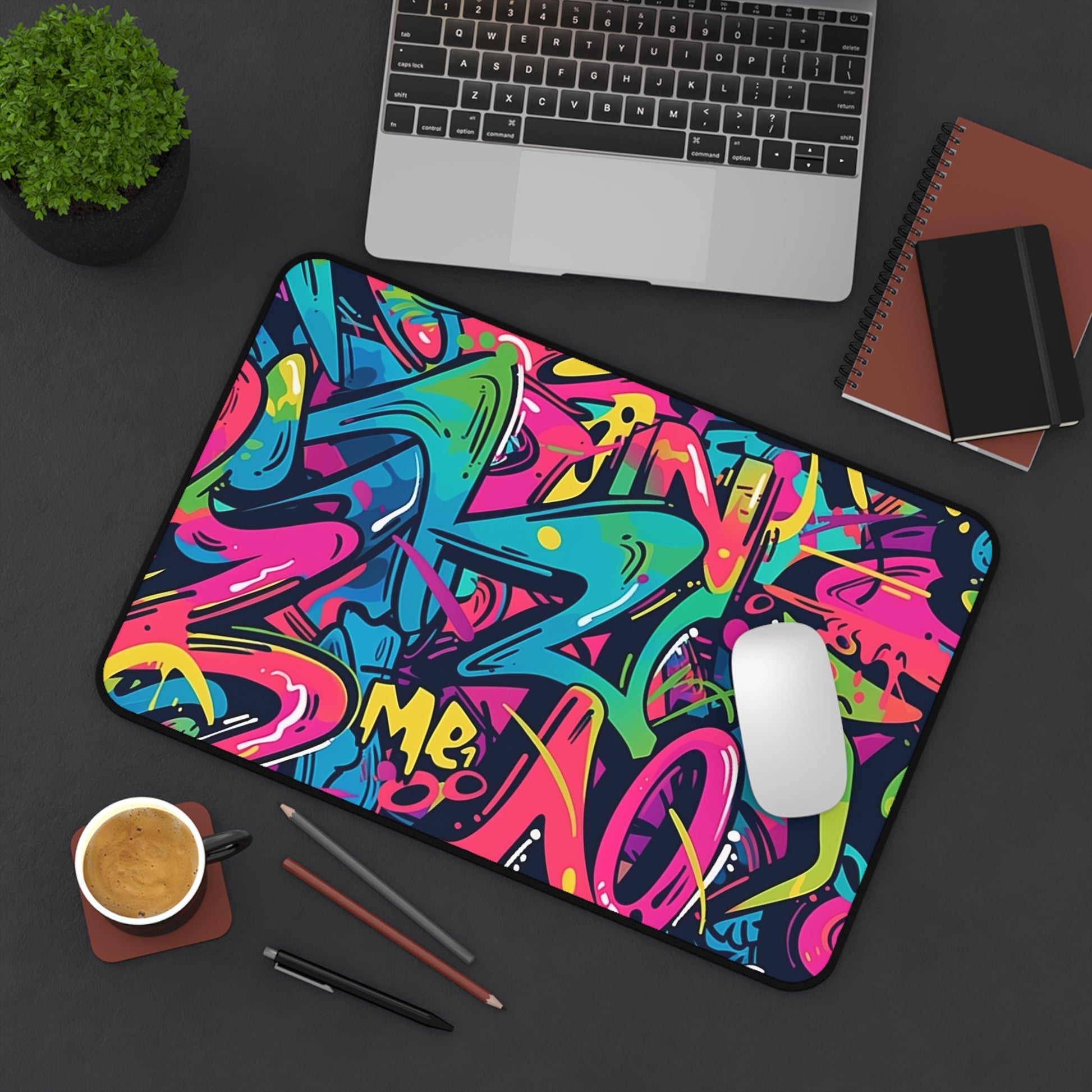 "Vibrant Neon Urban Graffiti Desk Mat - Stylish workspace accessory for protection and pop of color"