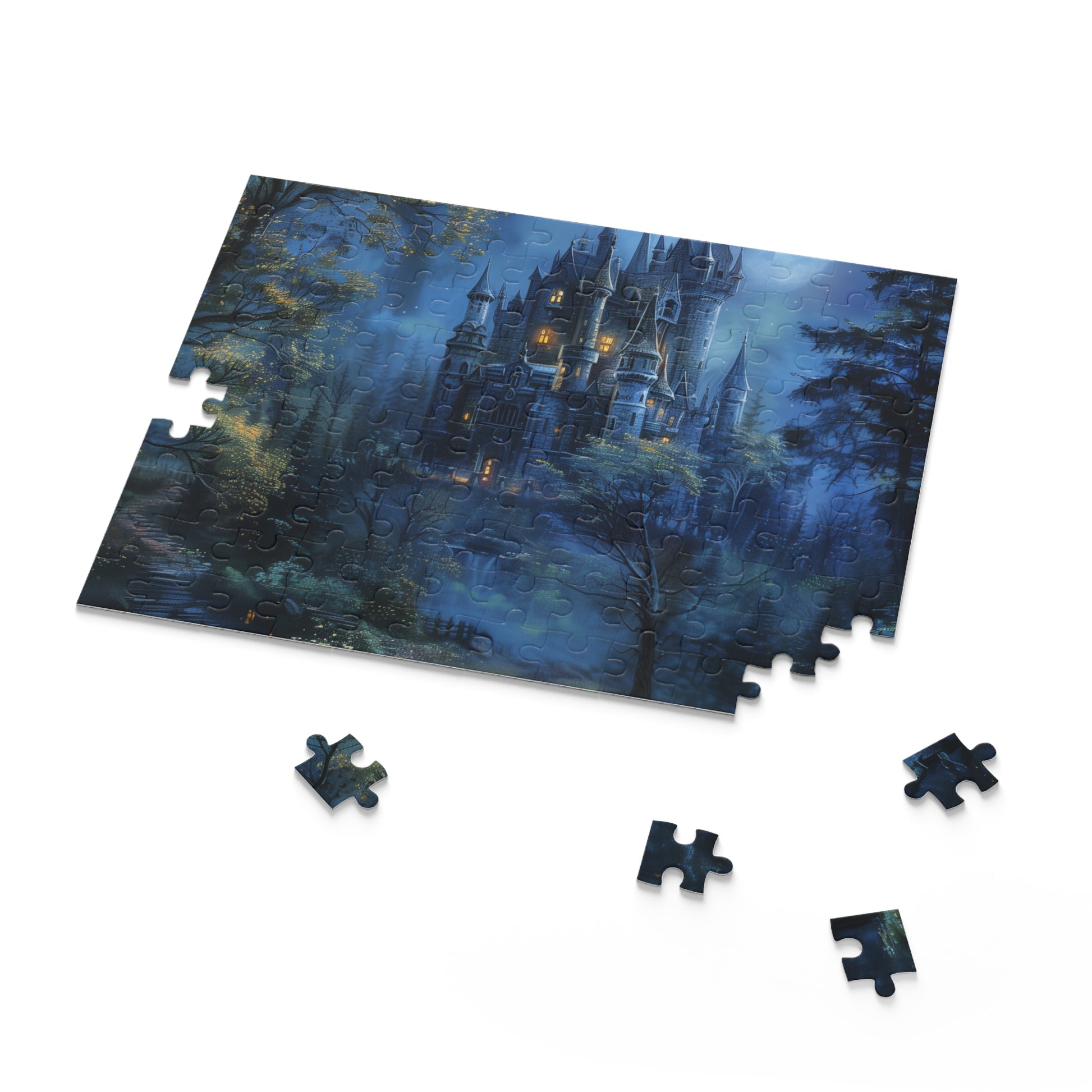 Moonlit Forest Castle Puzzle - mesmerizing jigsaw puzzle of a fantasy castle in a moonlit forest for immersive relaxation