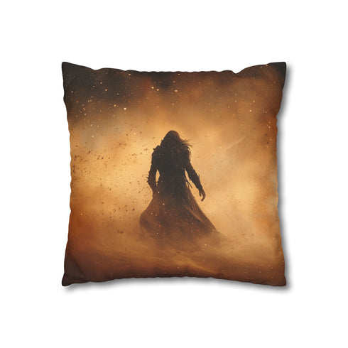 Warrior Standing in Cosmic Sandstorm — 40×40 Cushion Cover — Double-Sided Back & Concealed Zip Detail