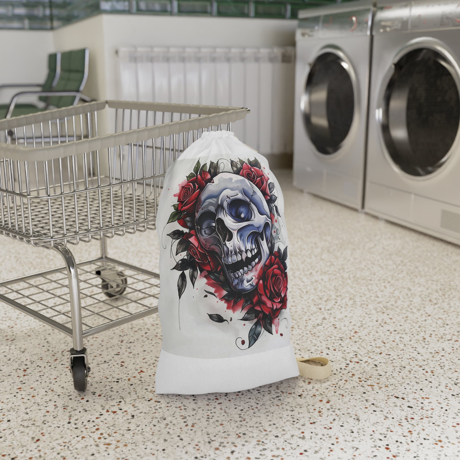 Gothic Skull and Rose Laundry Bag - Edgy laundry essential for dark, stylish homes