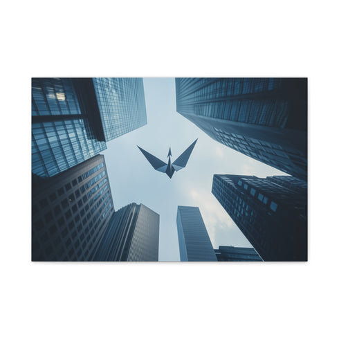 Paper Crane Soaring Above Skyscrapers (Edition II) — Canvas Wall Art — Front Gallery-Wrapped Canvas View